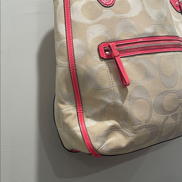 Coach Poppy Signature Metallic Outline Hallie Tote Handbag - Coral Patent Trim - Picture 6 of 13